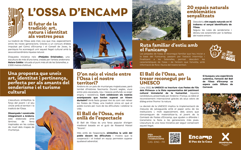 Panel informativo sobre L’Ossa d’Encamp, la ruta familiar del Funicamp, la escultura Petjades Enlairades y el Ball de l’Ossa reconocido por la UNESCO.